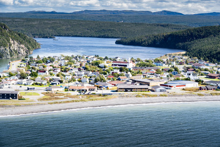 Placentia Newfoundland Canada, September 19 2022: Aerial Newfoundland town and popular landmarks with a distant draw bridge and community heritage church.のeditorial素材