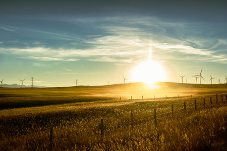 Sunrise with morning mist over harvested agriculture fields with a barbed wire fence and distant...