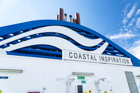 Duke Point British Columbia Canada, July 23 2022: Funnel and signage of the BC ferry Coastal Inspiration as it sails through the Straight of Georgia and Gulf Islands.のeditorial素材