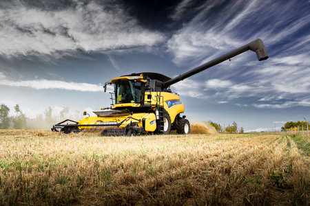 Rockyview County Alberta Canada, October 03 2023: Farmer operating a combine extends the auger to signal a full hopper of grain while harvesting a crop field under a dramatic sky.のeditorial素材
