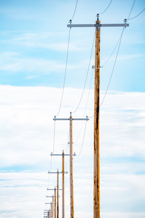 Portrait view of a row of telephone poles made of wood with cables isolated against a blue sky...