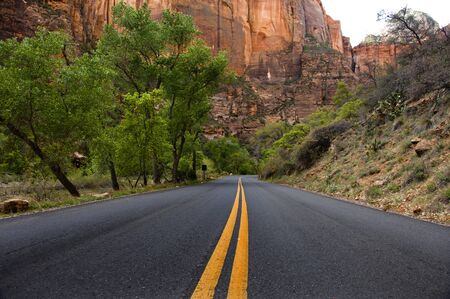 View of the red sandstone walls of Zion National Park in Utah.の写真素材