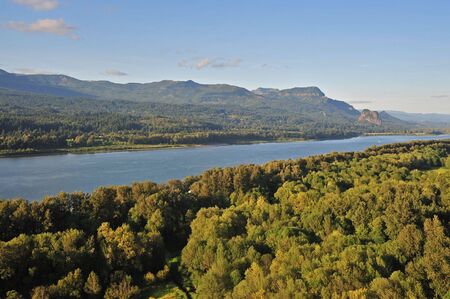 View of a large river in a forested valleyの写真素材