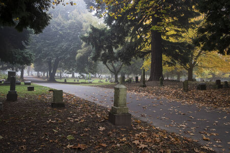 Old Pioneer Cemetery and headstones in fog