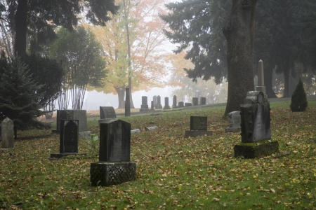 Old Pioneer Cemetery and headstones in fog
