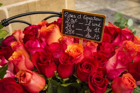 Roses for sale in Paris flower shop with labels displaying eurosの写真素材
