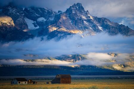 Barn and fields of grass and sagebrush, Grand Teton National Park, Wyomingのeditorial素材