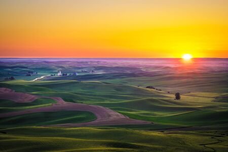 Beautiful sunset and yellow sky in the Palouse region of eastern Washington stateの写真素材