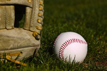 Baseball in a glove sitting on the grass of a field