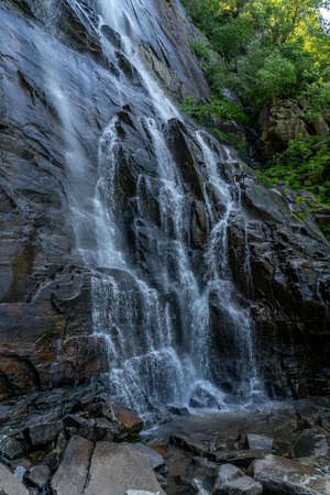 The 404 foot Hickory Nut Falls in Chimney Rock State Park, North Carolina.の写真素材