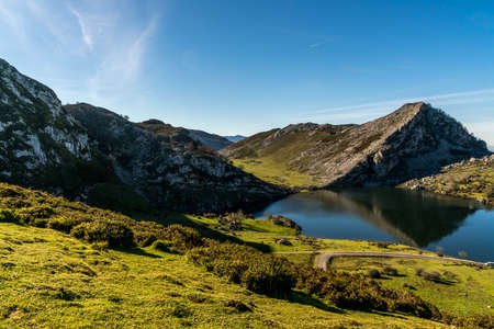 The glacier formed lakes and mountains of Covadonga Spain in the northern province of Asturias.の写真素材