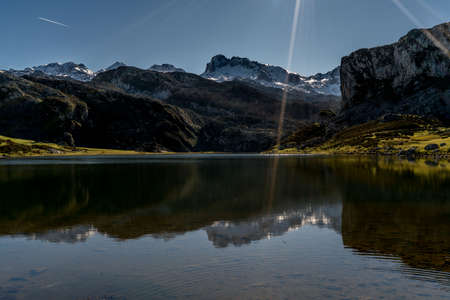 The glacier formed lakes and mountains of Covadonga Spain in the northern province of Asturias.の写真素材