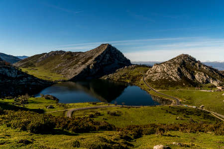 The glacier formed lakes and mountains of Covadonga Spain in the northern province of Asturias.の写真素材