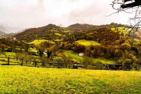 St Christine of Lena is a Pre Romanesque church in the province of Asturias Spain with beautiful mountains and valleys all around.の写真素材