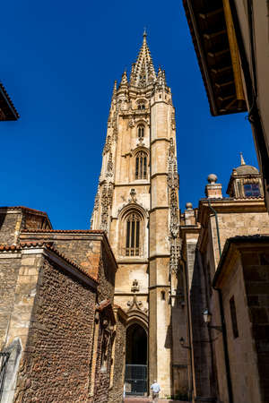 The Cathedral of San Salvador in Oviedo Spain has several architectural styles including Romanesque, Gothic and Renaissance, groundbreaking was in 781 AD with additions in 1388 and 1528.の写真素材