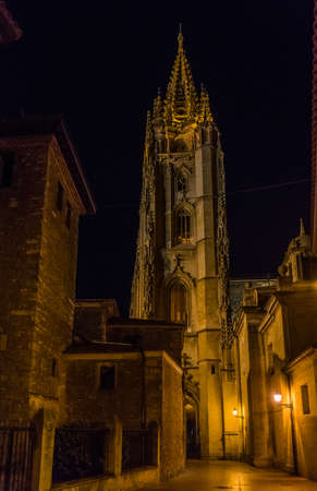 The Cathedral of San Salvador in Oviedo Spain has several architectural styles including Romanesque, Gothic and Renaissance, groundbreaking was in 781 AD with additions in 1388 and 1528.の写真素材