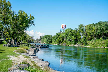 The beautiful Snake River running through Idaho Falls in Idaho.の写真素材