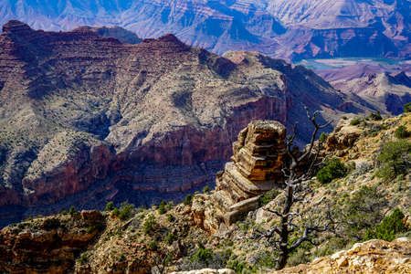 Some different views of the south rim of the Grand Canyon in Arizona. Wildfires in the area caused the haze in the air.の写真素材