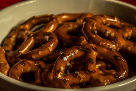 Mini pretzels are a salty and crispy delight.の写真素材