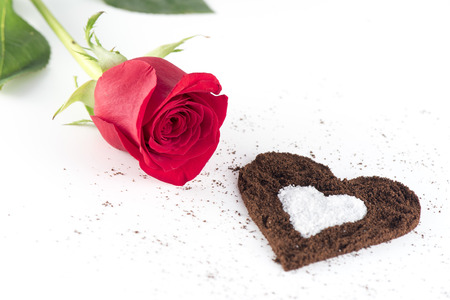 Grinded Coffee and Sugar Love Decoration, Red Rose on white backgroundの写真素材