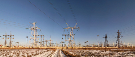 High voltage substation - winter landscape (power supply, ukrainian oblenergo sale)