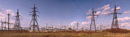 Panorama of high voltage substation. Distribution electrical power. Ukrainian oblenergo sale.