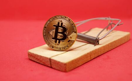 Mousetrap with gold bitcoin on red background. Soap bubble crypto currency. Risks and dangers of...