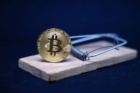 Mousetrap with gold bitcoin on black background. Soap bubble of crypto currency. Risks and dangers...