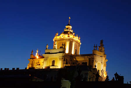 Lviv, Ukraine - July 6, 2021: St. George's Cathedral in Lviv at night lightning. St. George's Cathedral is a baroque-rococo cathedral located in the city of Lviv and this is a famoust tourist attraction.のeditorial素材
