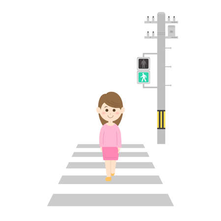 Illustration of a woman walking at a pedestrian crossing at a green light.のイラスト素材