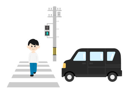 Illustration of a man walking at a pedestrian crossing at a green light.のイラスト素材
