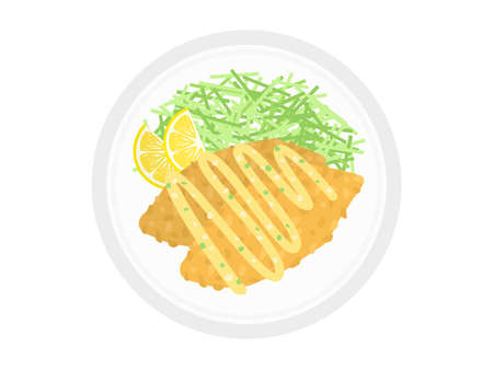 Illustration of fried white fish on a plate.のイラスト素材