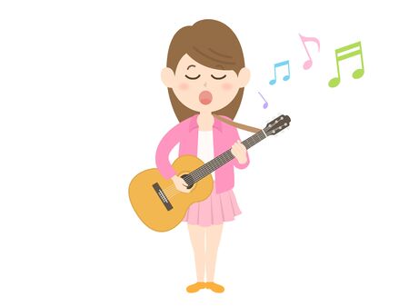 Illustration of a female musician singing while playing the guitarのイラスト素材
