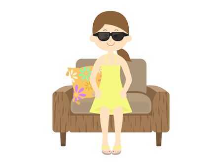 Illustration of a woman sitting on a sofa in a resortのイラスト素材