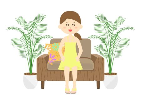 An illustration of A woman sitting on a hotel sofa with Rizzo.のイラスト素材