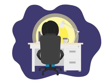 Illustration of a man working at a desk at night.のイラスト素材