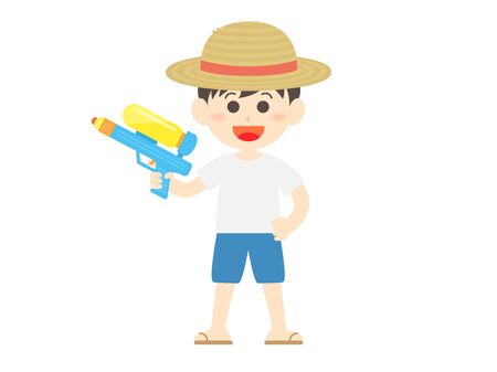 A boy playing with a water gunの写真素材
