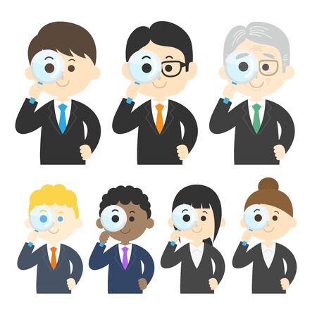 Illustration set of businessman using magnifying glassのイラスト素材