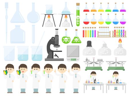 Illustration set of scientists and experimental toolsのイラスト素材