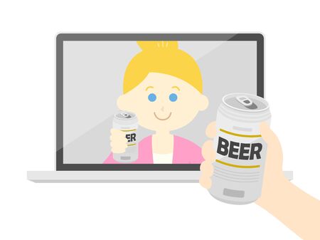 Illustration of a white woman having an online drinking partyのイラスト素材