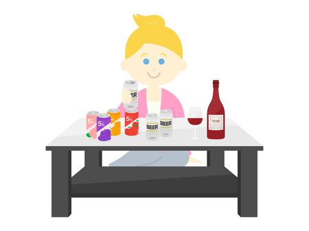 Illustration of a white woman drinking at homeのイラスト素材