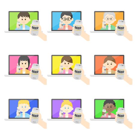Illustration set of people having an online drinking partyのイラスト素材