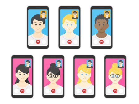 Illustration set of people making video callsのイラスト素材
