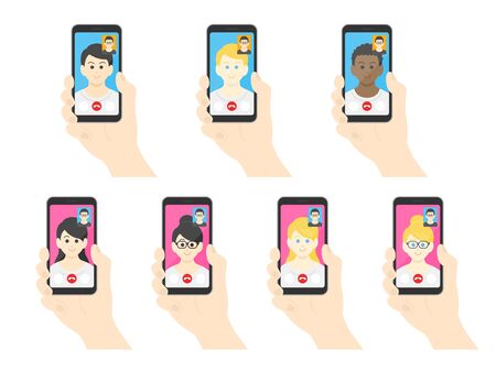 Illustration set of people making video callsのイラスト素材