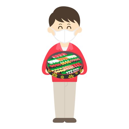 Illustration of a delivery sushi delivery man wearing a maskのイラスト素材