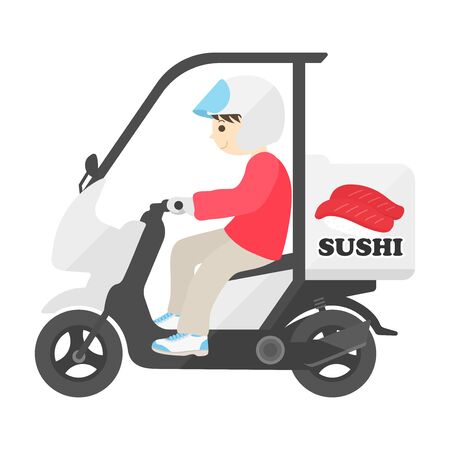 Illustration of a person delivering delivery sushi on a motorcycleのイラスト素材