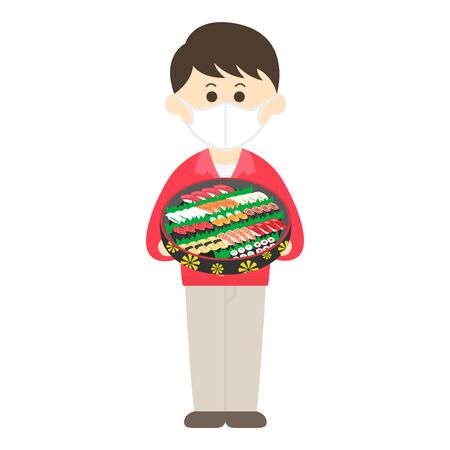 Illustration of a delivery sushi delivery man wearing a maskのイラスト素材