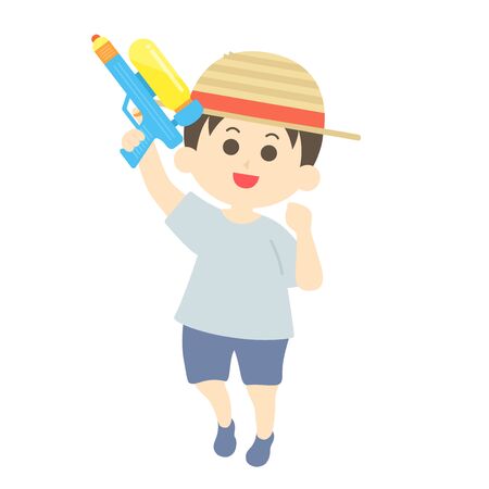 Illustration of a boy playing with a water gunのイラスト素材