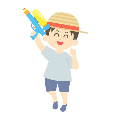 Illustration of a boy playing with a water gunのイラスト素材