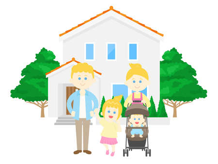 Illustration of a white family and my homeのイラスト素材